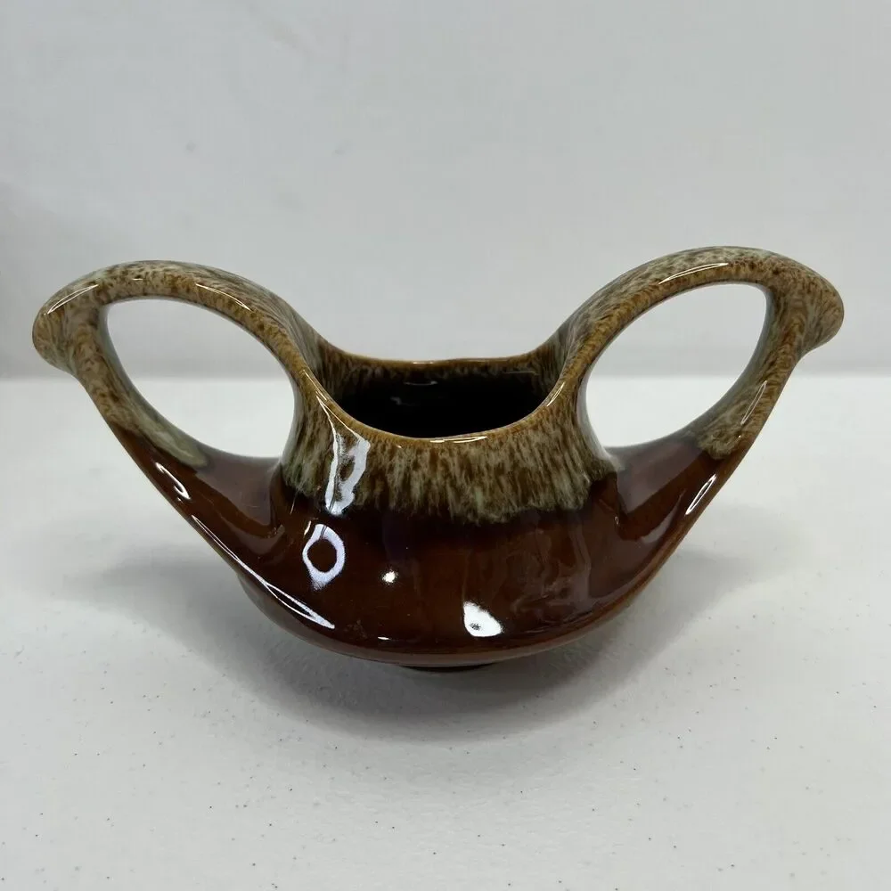 Vintage MCM Art Pottery Brown Drip Glaze Sugar‎ Dish Marked 70 Mid Century